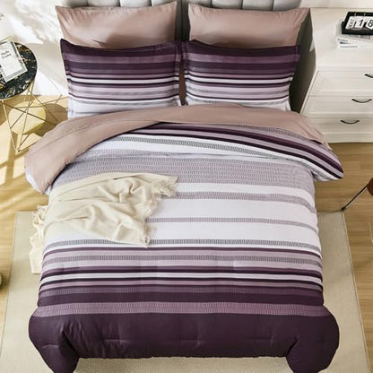 Dobuyly Purple Comforter Set King Size 7 Piece, Boho Striped Bed in a Bag King Soft Microfiber Bedding Sets with Comforter, Sheets, Pillowcases & Shams All Season