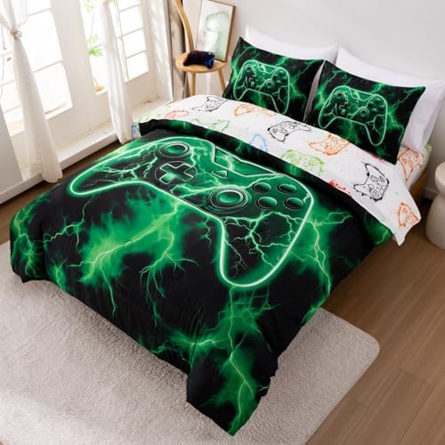 Meeting Story Queen Size Bedding Set, Gaming Bedding Set for Boys, 5 Pieces 3D Game Controller Design Gamer Comforter, Cool Lightning Theme Boys Queen Size Comforter Set(Green)