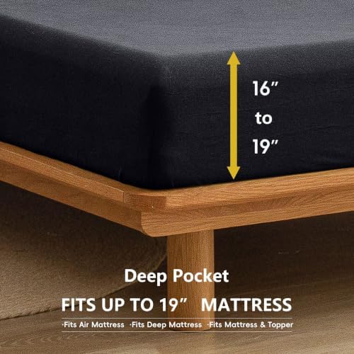 BESTOUCH Sheet Set 100% Washed Cotton Linen Feel Super Soft Comfortable Chic Lightweight 4 Pcs Home Bedding Set Solid Dark Black Queen