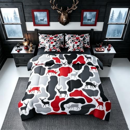 Erosebridal Deer Camouflage Queen Comforter Set with Sheets 7 Piece Hunting Elk Camo Bed in A Bag Red Grey Black Military Bedding Sets for Kids Adults Rustic Cabin Lodge Bed Set