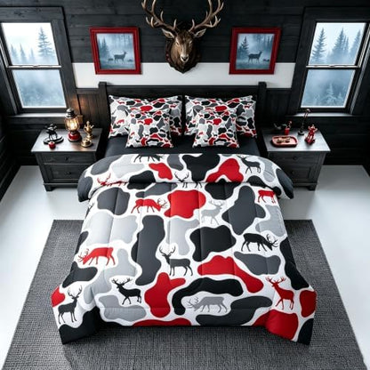 Erosebridal Deer Camouflage Queen Comforter Set with Sheets 7 Piece Hunting Elk Camo Bed in A Bag Red Grey Black Military Bedding Sets for Kids Adults Rustic Cabin Lodge Bed Set