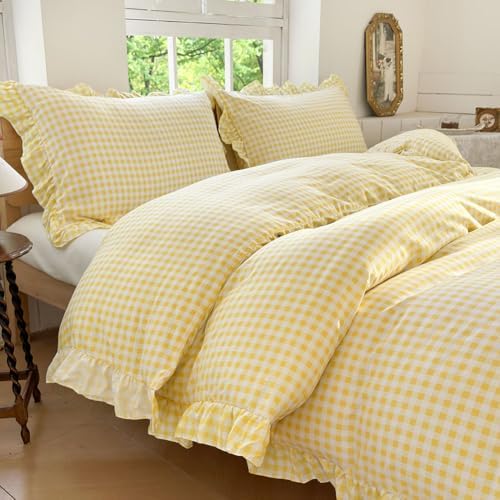 NSNLGSGC Yellow Gingham Ruffle Queen Duvet Cover