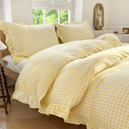 NSNLGSGC Yellow Gingham Ruffle Queen Duvet Cover
