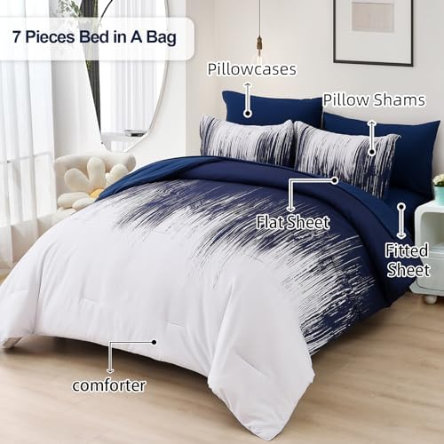 Dinjoy Ombre Blue Comforter Set King Size Gradient Navy Blue White Boho Bedding Set for Teen Men Women 7 Pieces Bed in A Bag Bohemian Bed Set with Comforter, Sheets, Pillowcases & Shams