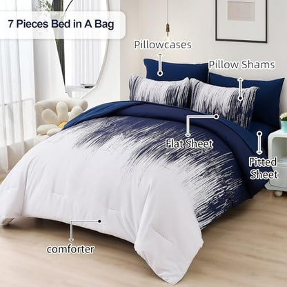 Dinjoy Ombre Blue Comforter Set King Size Gradient Navy Blue White Boho Bedding Set for Teen Men Women 7 Pieces Bed in A Bag Bohemian Bed Set with Comforter, Sheets, Pillowcases & Shams