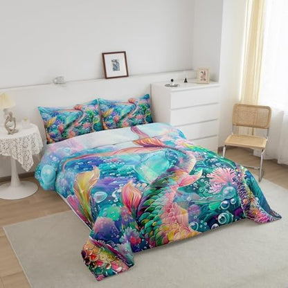 Mermaid Comforter Set King Size 3 Piece Colorful Mermaid Tail Pattern Bedding Set for Girls Kids Home Decor,Ocean Animal Reversible All Season Quilt Underwater World Theme Duvet with 2 Pillowcases