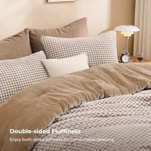 Litanika Velvet Flannel Gingham Comforter Set Twin, 3 Pcs Tan Blanket