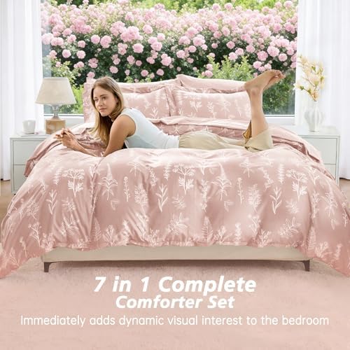 MUXHOMO Cameo Pink Twin Comforter Set, Elegant Floral Print Bed in a Bag 5 Pieces, Ultra Soft & Breathable Reversible Botanical Pattern Bedding Set with Comforter, Sheets, Pillowcase, and Sham