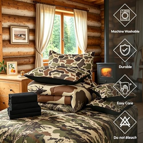 Erosebridal Camo Deer Comforter Set 7 Pcs Camouflage Hunting Deer Bedding Sets for Kids Teens Green Military Army Camo Bed in A Bag Queen Country Hunter Wildlife Sheet Set with Comforter