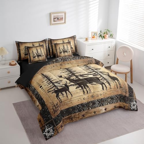 Erosebridal Rustic Deer Comforter Set 7 Piece Farmhouse Cabin Bed in A Bag Twin Western Woodland Wildlife Bedding Comforter Sets for Kids Boys Adults Men Black Retro Country Animal Bed Set