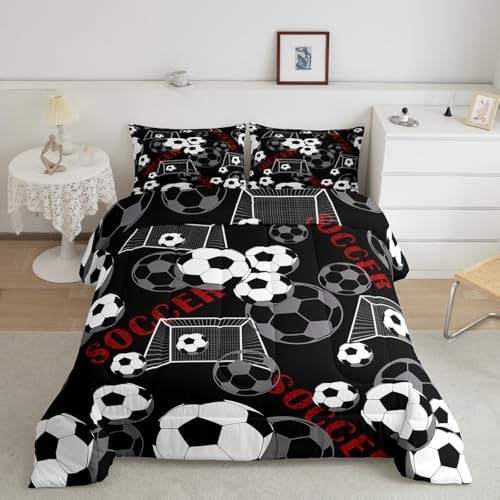 Castle Fairy Soccer Ball Games Bedding Set King Size Football Gate Print Comforter Set for Kids Teens Boys Room Decor Modern Sports Gaming Down Comforter Geometric Circle Quilt Set with 2 Pillowcases