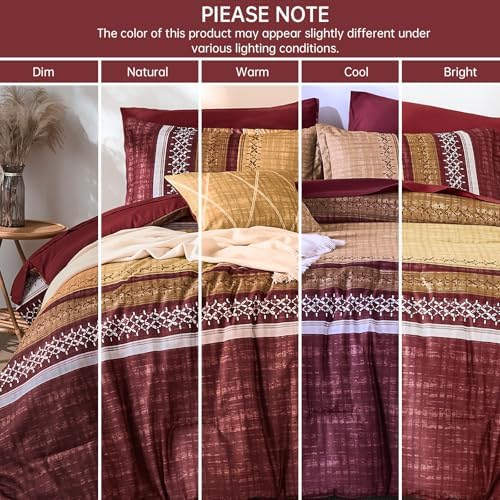 Dintszyayue Burgundy Queen Comforter Size Set, 8 Pieces Boho Striped Texture Bed in a Bag Sets, Lightweight Soft Bohemian Comforter and Sheet Set, All Season Microfiber Bedding Sets for Men Women