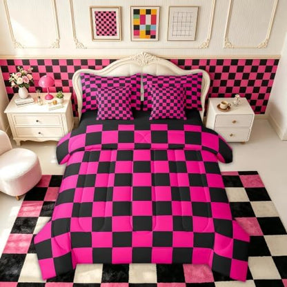 Feelyou Checkered 7 Piece Bedding Set Teen Dark Red Black Plaid Comforter Set with Sheets King Size Kids Boys Cute Retro Neutral Checkerboard Geometric Bed in a Bag Vintage Aesthetic Room Decor