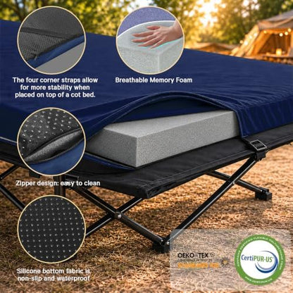 CYMULA Camping Cot Pad 2 Inch Memory Foam, Pad Only,Camping Pad for Folding Cot and Foldable Cot, Portable Roll Up Camp Gear for Car Camping Travel Tent, Non-Slip Waterproof Bottom, Removable Cover