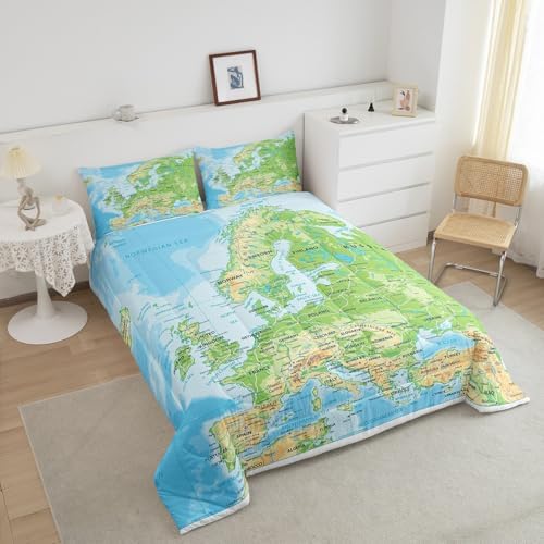 Erosebridal World Map Comforter Set King Size, Blue Ocean Bedding Set for Kids Boys Girls, Map of Various Countries Quilted Duvet Abstract Art Bedding Comforters Breathable Bedroom Decor