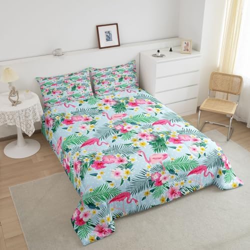 Pink Flamingo Kids Comforter Set Queen Size,Palm Leaves Flowers Rustic Bedding Set,Boys Girls Adults Room Decor,Tropical Plants Animals Dots Down Comforter,Blue Dreamy Duvet Insert,2 Pillowcases