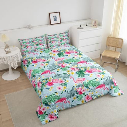 Pink Flamingo Kids Comforter Set Queen Size,Palm Leaves Flowers Rustic Bedding Set,Boys Girls Adults Room Decor,Tropical Plants Animals Dots Down Comforter,Blue Dreamy Duvet Insert,2 Pillowcases