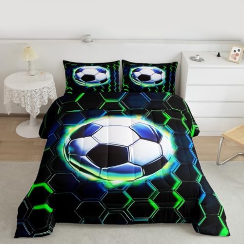 Manfei Football Girls Bedding Set Twin Size, Soccer Game Ball Sports Comforter Set，Geometric Honeycomb Hexagon Quilt Comforter for Boys Teens,Black Green Room Decor All Season,1 Pillowcase