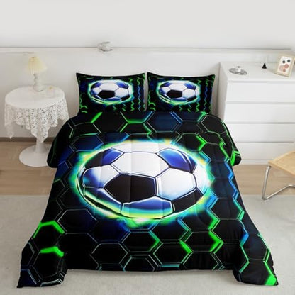 Manfei Football Girls Bedding Set Twin Size, Soccer Game Ball Sports Comforter Set，Geometric Honeycomb Hexagon Quilt Comforter for Boys Teens,Black Green Room Decor All Season,1 Pillowcase