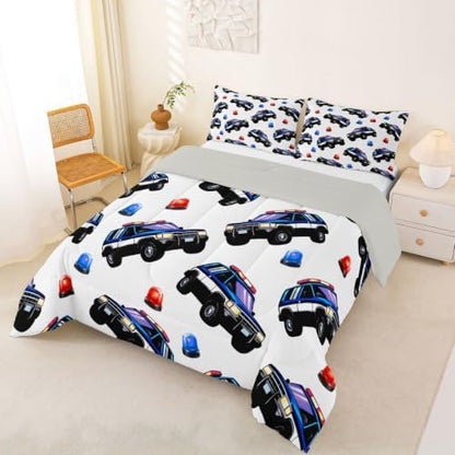 Feelyou Police Car Comforter Set Queen Size Policeman Vehicle Bedding Set for Kids Boys Girls Automobile Duvet Quilt Bedroom Decor Microfiber 3 Pcs with 2 Pillow Cases