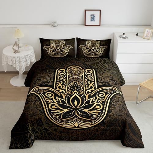 Erosebridal Gold Hamsa Hand Comforter Set Full Size, Boho Chic Mandala Bedding Set for Kids Teens Adult Women, Bohemian Hippie Quilt Set Paisley Tribal Tie Dye Duvet Insert for Bedroom