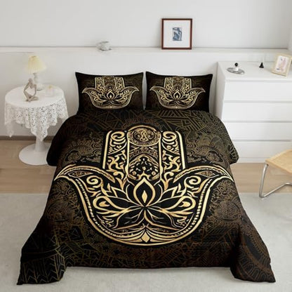Erosebridal Gold Hamsa Hand Comforter Set Queen Size, Boho Chic Mandala Bedding Set for Kids Teens Adult Women, Bohemian Hippie Quilt Set Paisley Tribal Tie Dye Duvet Insert for Bedroom