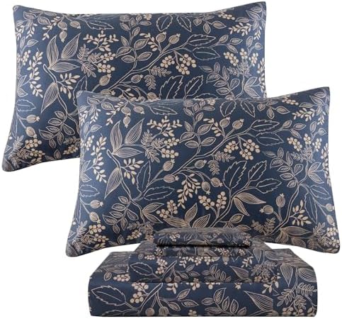 QSH Floral Egyptian Cotton Sheets Queen Size - Elegant Navy Botanical Pattern Printed Bedding Sheets Queen Size Bed Extra Soft and Breathable 4pcs Deep Pockets Bed Sheets