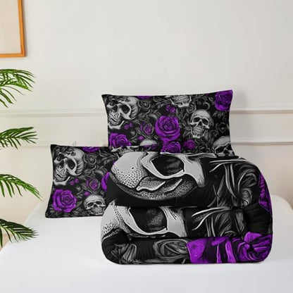 Sugar Skull Full Size Comforter Set Floral Bedding Set,Gothic Skull Bedding Set for Boys Girls,Skeleton Bone Rose Blossoms Print Halloween Quilt Set,Horror Comforter Set for Bedroom Decor