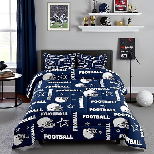 Boys American Football Comforter Set Queen Size,Navy Blue Football Stars Printed Bedding Set 3Pcs with 2 Pillowcases,Modern Style Down Comforter Kids Teens Decor Cozy Soft Quilt,Bed in a Bag
