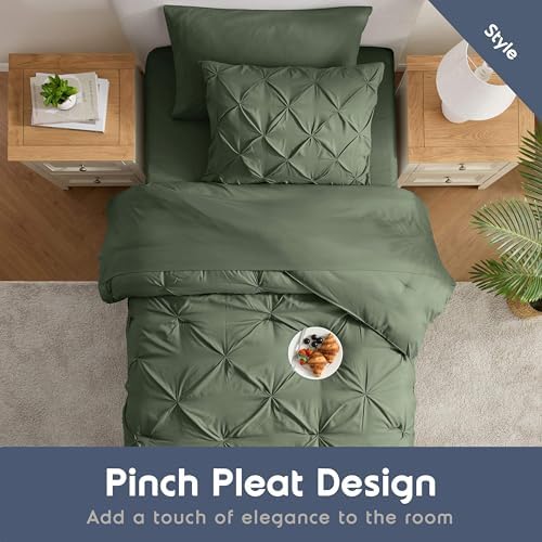 Nestl 7 Piece Twin Comforter Set – Olive Green Pinch Pleated Bed in a Bag – Complete Twin Size Bedding Set with Sheets, Set of 2 Cooling Pillows, Pillowcase and Sham