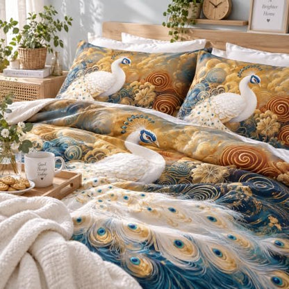 CCoutueChen Peacock Bedding Set King Size, Dark Blue and Golden Comforter Sets for Women Luxury Feather Bedroom Decor, 3 Pcs 2 Pillowcases, 104"x90"
