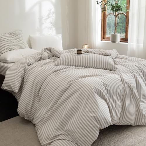 FOSSA Striped Duvet Cover Set 100% Washed Cotton Linen Feel Super King