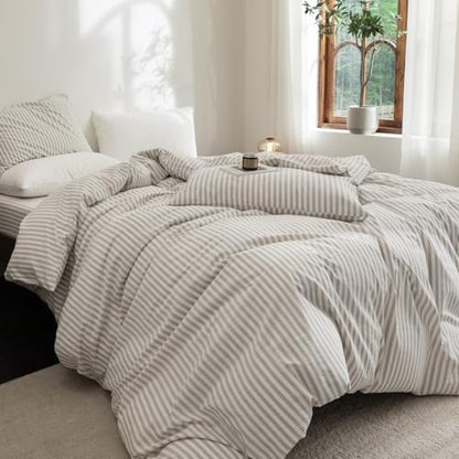 FOSSA Striped Duvet Cover Set 100% Washed Cotton Linen Feel California King