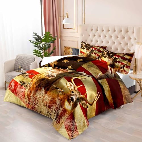 LUVIVIHOME 3PCS Deer Comforter Set Full Size, Camo Bedding, 4th of July American Flag Mallard Duck Forest Animal Wildlife Hunting Hunter Country Rustic Farmhouse Cabin Bedroom Decor, 2 Pillow Shams