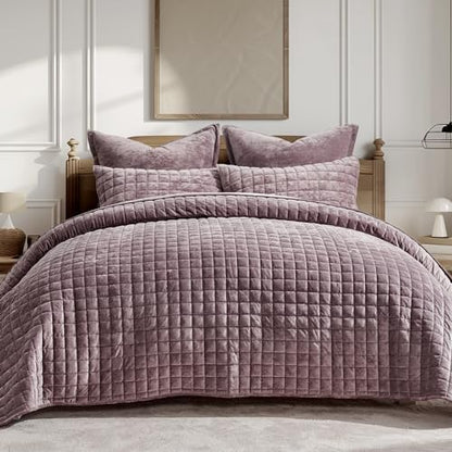 RECYCO Channel Box Stitch Velvet Quilt Set, Twin/Twin XL Size, Purple