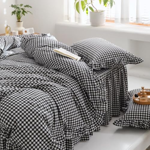 mixinni Black White Gingham Ruffle Duvet Cover Twin XL Size 3 Pieces – 100% Washed Cotton, Vintage Plaid Ruffled Bedding Set with Zipper Ties, Soft Checkered Grid Farmhouse Chic Comforter Cover Set