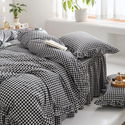 mixinni Black White Gingham Ruffle Duvet Cover Twin Size 3 Pieces – 100% Washed Cotton, Vintage Plaid Ruffled Bedding Set with Zipper Ties, Soft Checkered Grid Farmhouse Chic Comforter Cover Set