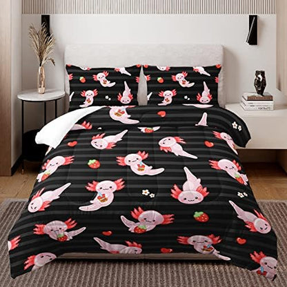 HOSIMA Kids Black Comforter Sets 3 Pieces,Cartoon Axolotl Bedding Sea Wildlife Cute Animals Theme Room Decor,Kawaii Bedding Set Strawberry Comforter King Size with 2 Pillowcases.