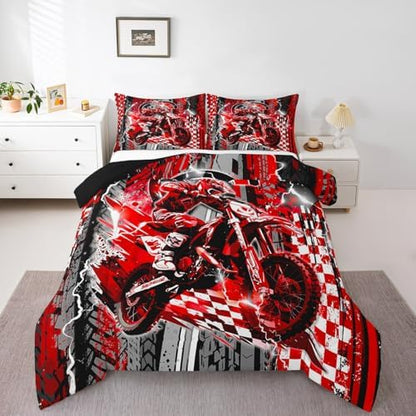 Feelyou Dirt Bike Kids Bedding Set,Boys Girls King Size,Racing Motocross Comforter Set,Extreme Sports Ultra Soft Duvet Quilt,Motorcycle Comforter Motorbike Bedroom Decor Red