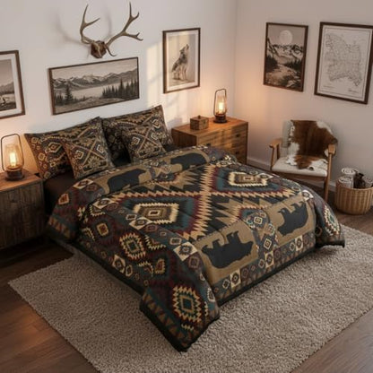 Erosebridal Rustic Cabin Bedding Set King Farmhouse Lodge Bear Comforter Set 7 Piece Vintage Southwestern Bed in A Bag Western Hunting Wildlife Quilt with Flat Fitted Sheet Bear Cabin Decor