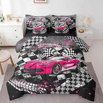 Castle Fairy Racing 7 Pieces Bedding Set King Bed in a Bag,Car Sport Comforter Set with Comforter,Flat,Fitted Sheet,Pillowcases,Pillow Covers,Abstract Geometric Checker Soft Warm Microfiber Bedding