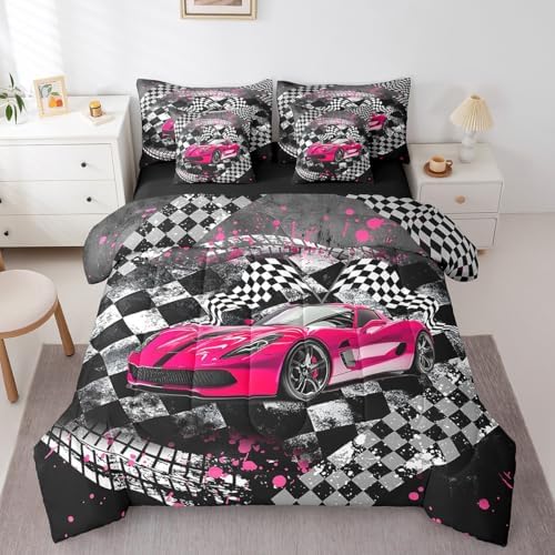 Castle Fairy Racing 7 Pieces Bedding Set Twin Bed in a Bag,Car Sport Comforter Set with Comforter,Flat,Fitted Sheet,Pillowcases,Pillow Covers,Abstract Geometric Checker Soft Warm Microfiber Bedding