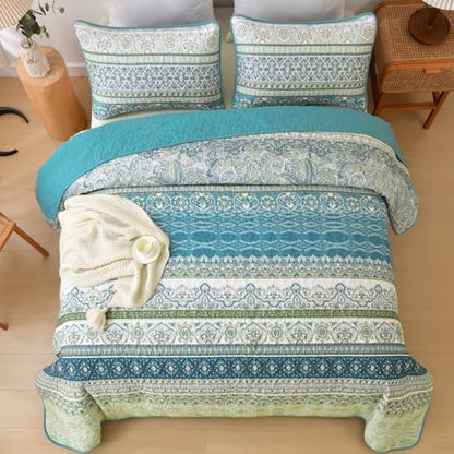 WONGS BEDDING Boho Quilt Queen Size,3 Pcs Aqua Bedspread Bedding Set