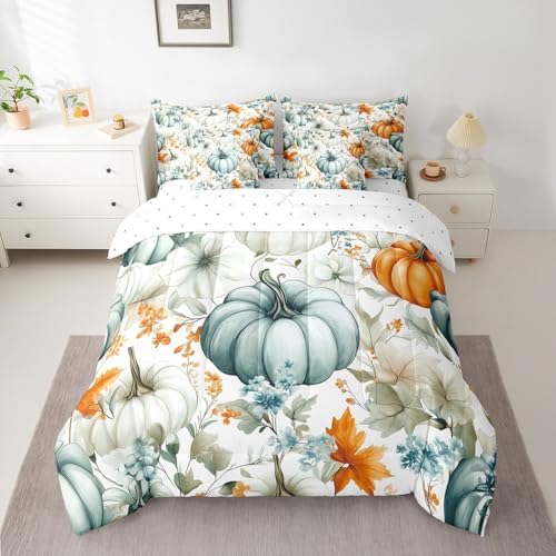 Erosebridal Fall Harvest Pumpkin Twin Comforter Set 7 Piece Maple Leaf Print Bed in A Bag with Sheets for Kids Boys Girls Adultsthanksgiving Decor Bedding Set Watercolor Bed Set