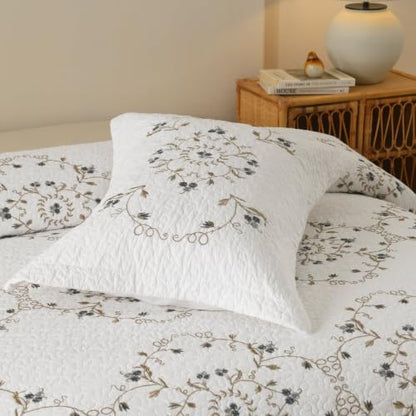 MarCielo 3pcs Cotton Quilt Set White Gray Floral