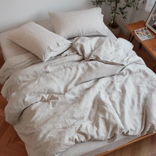 Sijo Stone Washed Organic French Linen Bed Sheet Set, GOTS Certified Organic, Best Cooling Linen Sheet Award by Sleep Foundation, 3 Piece - 2 Pillowcases and 1 Fitted Sheet (Pinstripe, Cal King)