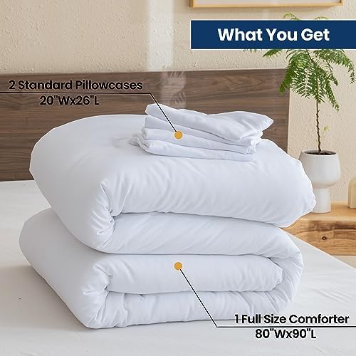 Paxrac White Comforter Full Size, 3 Pieces Boho Comforter Set, Lightweight Solid Bedding Set, All Seasons Soft Breathable Full Bed Set (80x90In Comforter & 2 Pillowcases)