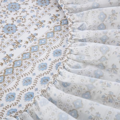 DAUAOTO Queen Size Printed Sheets Set, 100% Cotton Bedding Sets, Up to 14" Deep Mattress, Vintage Cottagecore Pattern Bedlinen Set, Flower Blue