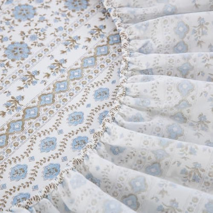 DAUAOTO Queen Size Printed Sheets Set, 100% Cotton Bedding Sets, Up to 14" Deep Mattress, Vintage Cottagecore Pattern Bedlinen Set, Flower Blue