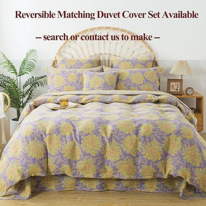 FADFAY Sunflower Sheets Set King Vintage Yellow Purple Floral Bedding Shabby Farmhouse Bedding Super Soft Washed Double -Layer Muslin Sheets 100% Cotton Deep Pocket Fitted Sheet 4Pcs, King Size